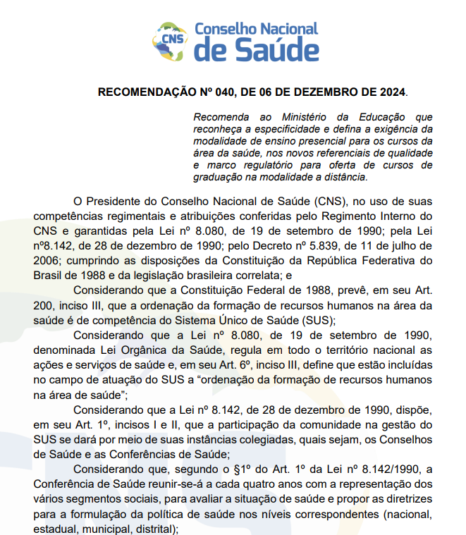 CNS recomenda ao MEC exigência de ensino presencial para graduações da saúde