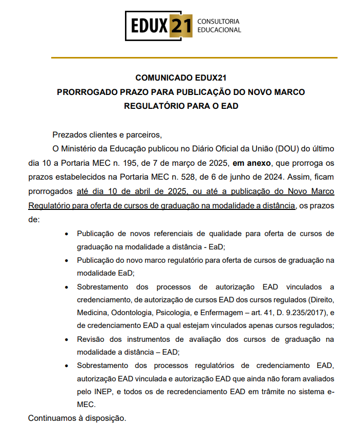 EDUX21 emite comunicado sobre Prorrogação do prazo para publicação do Novo Marco Regulatório EAD